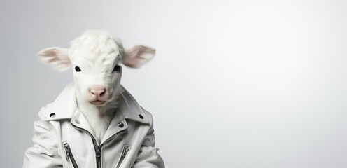 Beautiful and stylish white calf in leather jacket, stylish animal, banner with space for your text