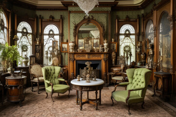 Victorian-era drawing room with antique furniture and ornate wallpaper
