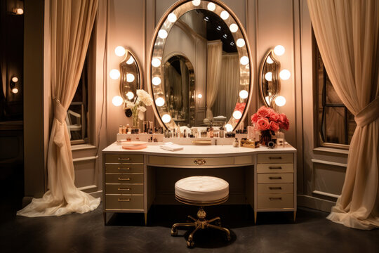 Vintage Hollywood-style dressing room with a vanity table, makeup, and theatrical lighting