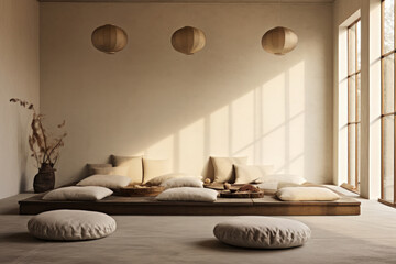 Zen-inspired meditation room with minimalism, floor cushions, and soothing neutral tones