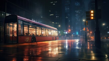 Public bus at Glistening City Streets Under Rainy Night with Illuminated Buildings and Reflective...