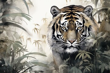 Traditional Japanese ink painting of a tiger surrounded by bamboo, digitally reproduced on canvas. Generative AI