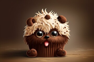 Amusing animal muffin, adorable cupcake character, chocolate and cream muffin, digital artwork. Generative AI