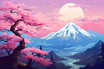 Illustration of a serene mountain dawn landscape with sakura blossoms, suitable for games, greeting cards, or book illustrations. Generative AI