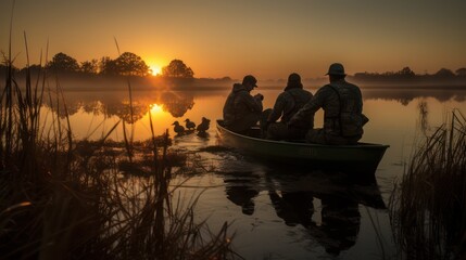 People fishing on the lake at dawn, on a wooden boat, a ray of misty morning light