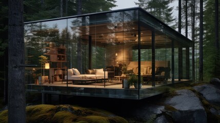 Modern glass outdoor cabin in the middle of natural forest
