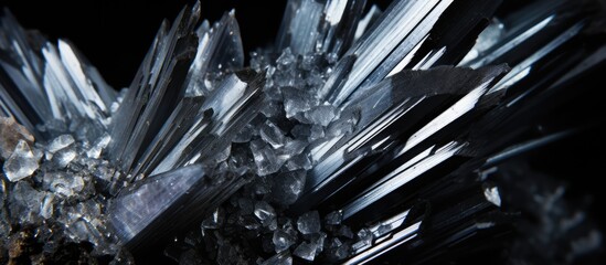 Close up photo of Stibnite quartz macro stone on black background