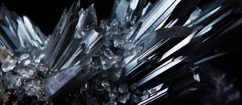 Close up photo of Stibnite quartz macro stone on black background