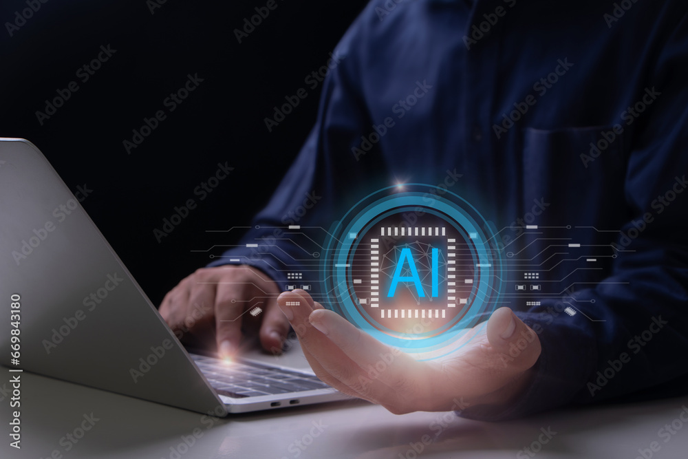 Poster ai, artificial intelligence concept. man using technology ai for working, ai by enter command prompt