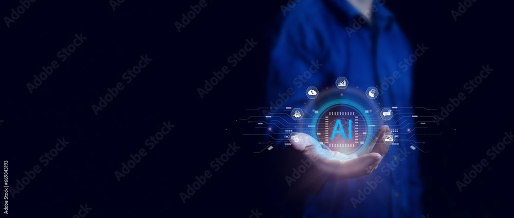 Poster ai, artificial intelligence concept. man using technology ai for working, ai by enter command prompt