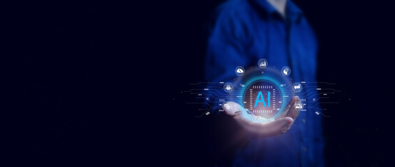AI, Artificial Intelligence concept. Man using technology AI for working,  AI by enter command...