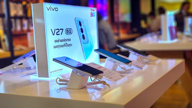 Showcase with new smartphones vivo model V27. Vivo V29 Smartphone, Available at Smartphones Shop. Vivo new smartphone goods on display at store in Thailand, October 28, 2023