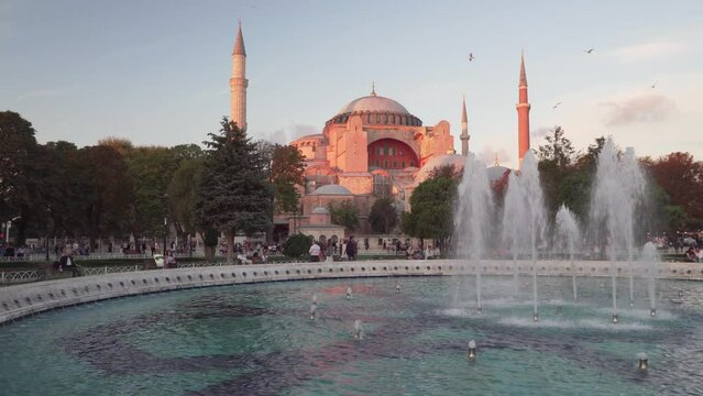 Scenic fountain at the Sultanahmet Square and the Hagia Sophia