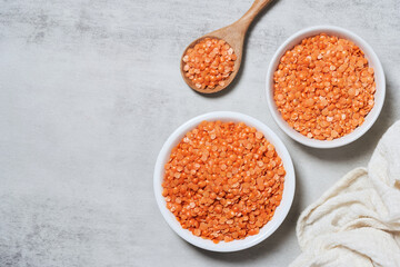 flat lay red Lentil seed on white table food background