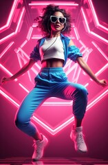 Portrait of smiling girl in white sneakers dancing on pink background. Gorgeous dancing female model jumping in studio