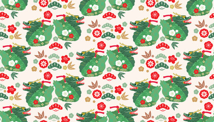 Happy Chinese New Year 2024,  seamless pattern with Zodiac sign, year of the Green Wooden Dragon  Chinese  translation: "Happy New Year, Dragon"  Vector  illustration