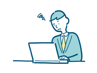 パソコンの前で困っているスーツ姿の若い男性のイラスト