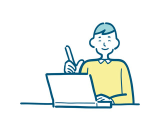 パソコンの前で指差しをするポロシャツの男性のイラスト