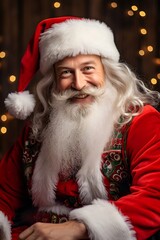 Santa Claus with white beard Smiling happily wearing a red Santa hat, Christmas bokeh lights background, holiday landscape banner