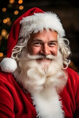 Naklejka premium Santa Claus with white beard Smiling happily wearing a red Santa hat, Christmas bokeh lights background, holiday landscape banner