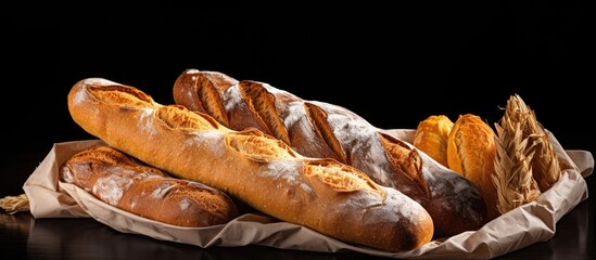 Homemade French pastries made on black background with baguette mix