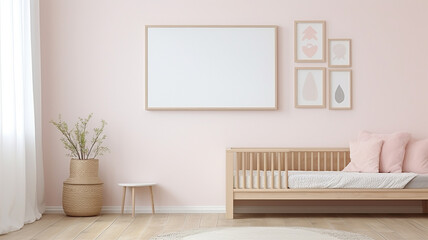 Fototapeta na wymiar poster frame in children room with natural wooden furniture