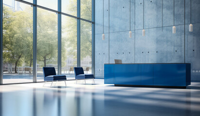 A concrete building reception desk with chairs.