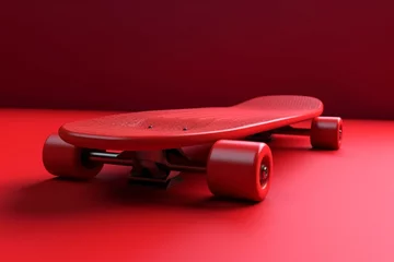 Fotobehang Red skateboard on red background. 3D rendering. Generative AI © Daniel