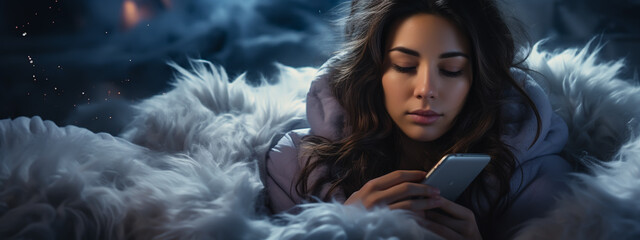 Sleepy exhausted woman lying in bed using smartphone, can not sleep. Insomnia, addiction concept. Sad girl bored in bed scrolling through social networks on mobile phone late at night in dark bedroom. - obrazy, fototapety, plakaty