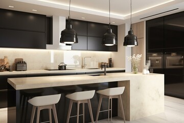 A contemporary, space-efficient kitchen with minimalist colors of black, white, and beige. Generative AI