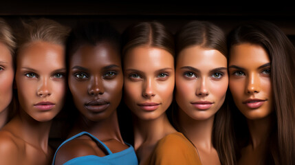 Obraz premium Diversity, beauty and portrait of a group of women in studio for skincare, makeup or cosmetic routine. Feminism, female empowerment and face of multicultural girl friends