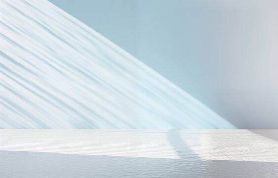 Empty white floor and shadow of sunlight on the blue wall. High quality photo