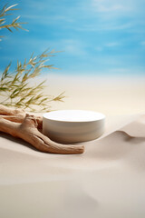 Obraz na płótnie Canvas White round podium on the sand with palm leaves and tree branch background. Ready for product display or montage. High quality photo