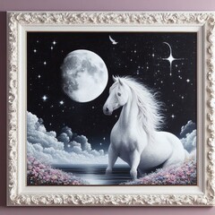 Beautiful painting of white horses black night sky full of stars and a big moon framed in a 3D decorated frame hanging on the wall as wall art