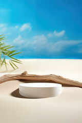 Obraz premium White round podium on the sand with palm leaves and tree branch background. Ready for product display or montage. High quality photo