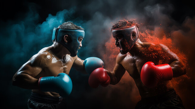 Two Professional Boxer Boxing On Color Powder Background,