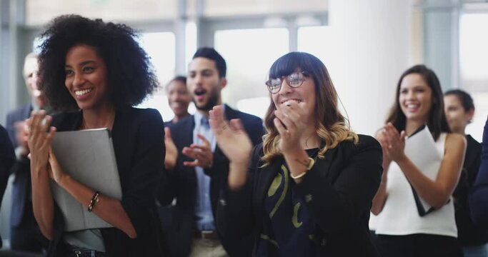 Business people, audience and group applause for meeting success, congratulations or praise in crowd or conference. Happy team of employees listening and clapping for support in workshop or event