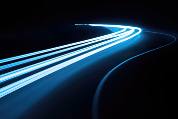 Blue lines of car speed lights on black background. High quality photo