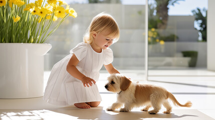 A portrait of a little cute toddler girl kissing dog