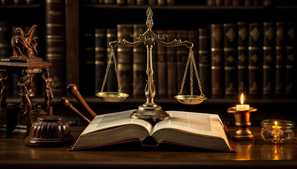 Law and justice is represented by a mallet gavel of the judge, scales of justice, and books. There is - obrazy, fototapety, plakaty