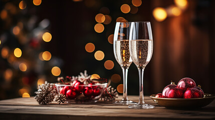 champagne glasses on table with bokeh background