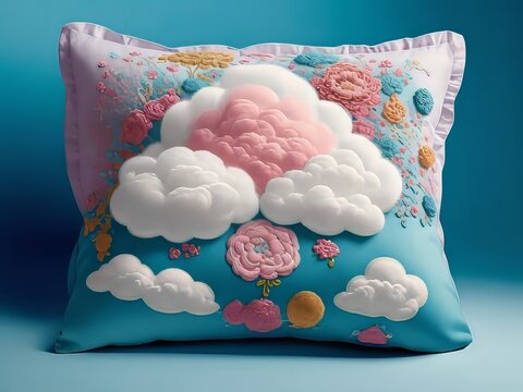 Una almohada esponjosa en forma de nube con intrincados bordados y una paleta de colores vibrantes