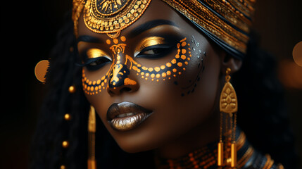 Beauty woman painted in black skin color body art, gold makeup lips eyelids, fingertips nails in...