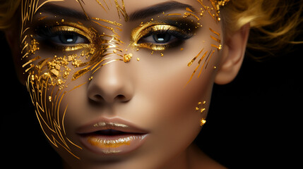 Beauty woman painted in black skin color body art, gold makeup lips eyelids, fingertips nails in...