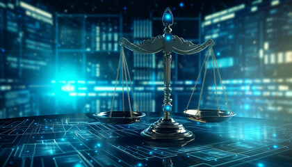 Law scales on background of data center. Digital law concept of duality of Judiciary, Jurisprudence and Justice and data in the modern world