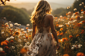 a woman in a dress standing in a field of flowers 