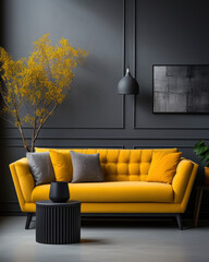 Modern interior with yellow sofa , flowers and grey wall. Copy space, house design, luxury lifestyle, relax and business concept. Minimalist style