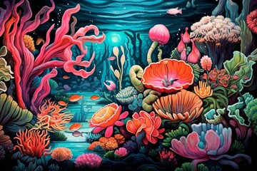 Painting of vibrant coral reef teeming with fish and sea anemones. Generative AI