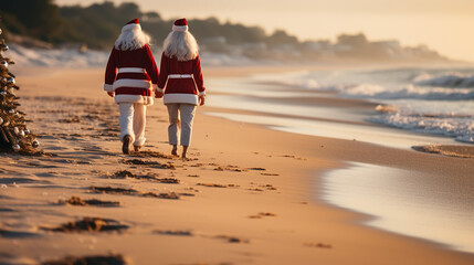 Lovely couple with Santa hats together on beach, back view. Christmas vacation