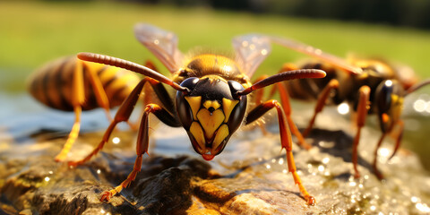 Macro capture of a hornet, showcasing its intricate details, set against a natural background. Perfect for entomology and wildlife enthusiasts.